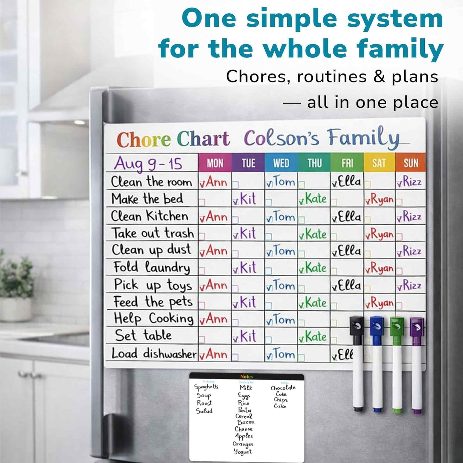 Magnetic Chore Chart for Kids: Visual Dry Erase Weekly Planner, Magnetic Markers