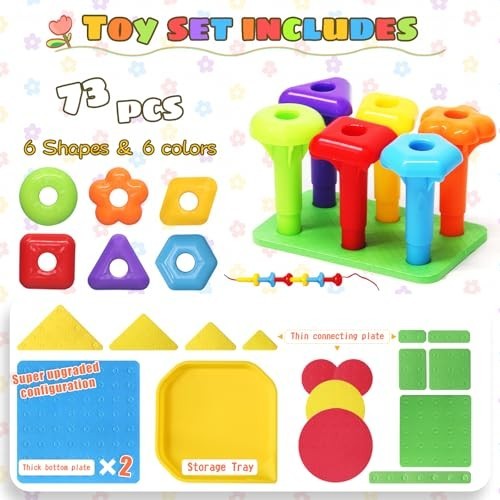 Peg Board Toy set 73Pcs DIY Building Stacking Toys for Kids 3-6 Years…