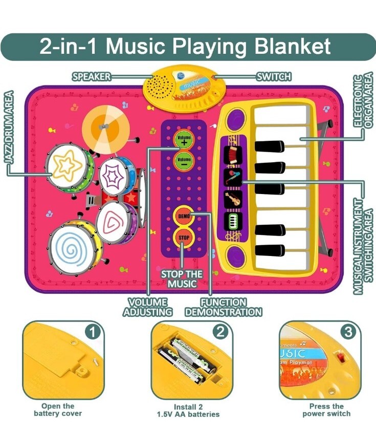 Kid Toys Touch Play Learn Singing Piano & Drum Keyboard Music Carpet Mat Blanket
