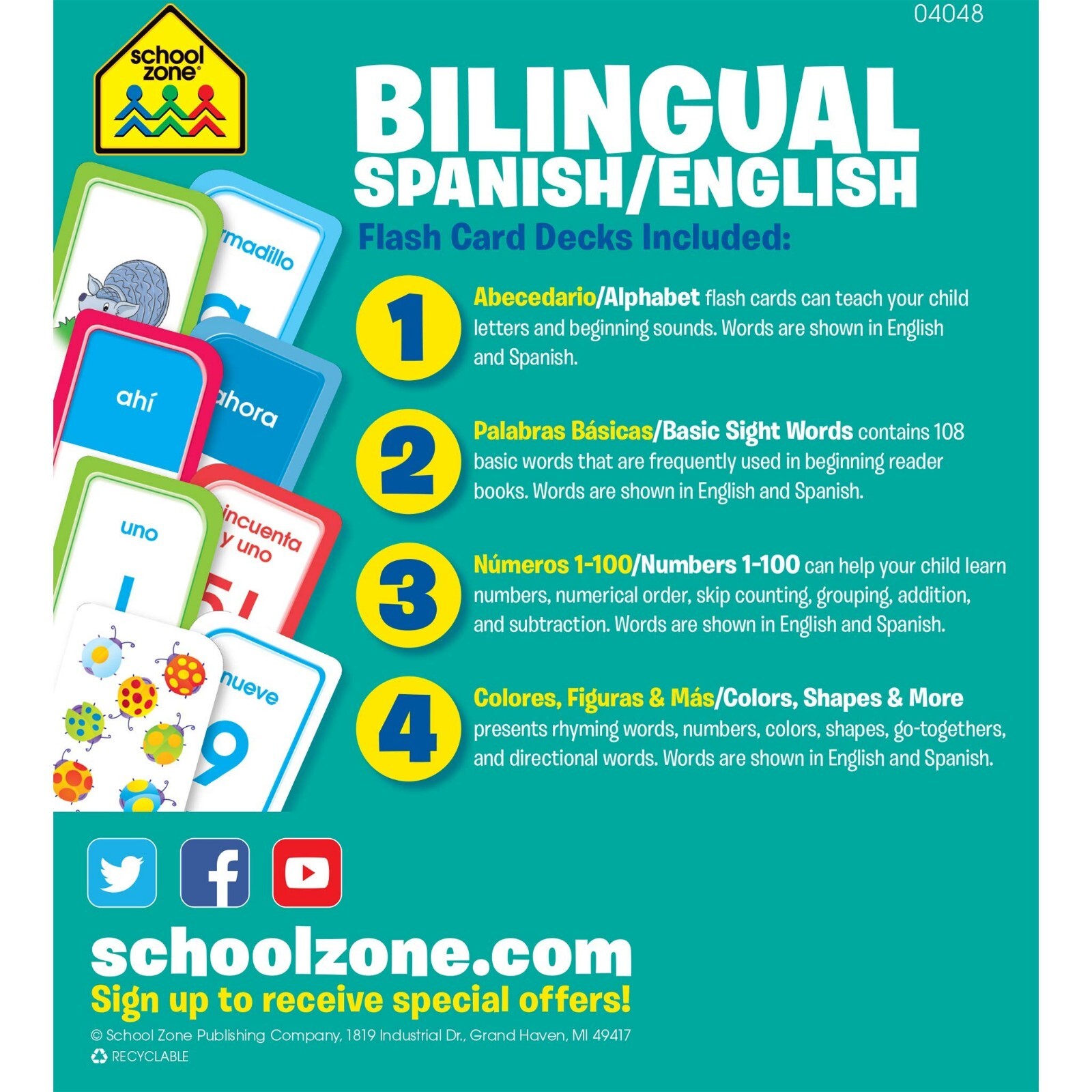 Spanish English Flash Cards Bilingual Vocabulary Phrases Numbers for Kids 4 Pack