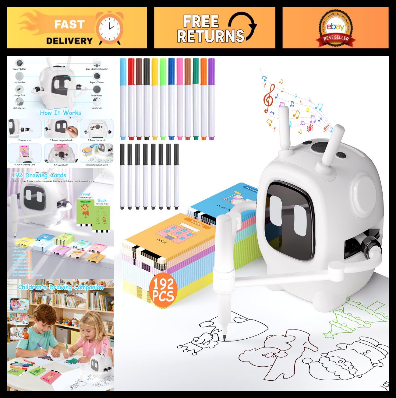 Interactive Drawing Robot for Kids – Auto Drawing Machine, 192 Cards & 10 Pens,
