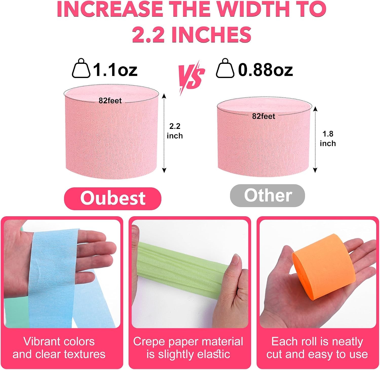 Oubest 2.2inx656ft Crepe Paper Streamers 8 Rolls Pastel