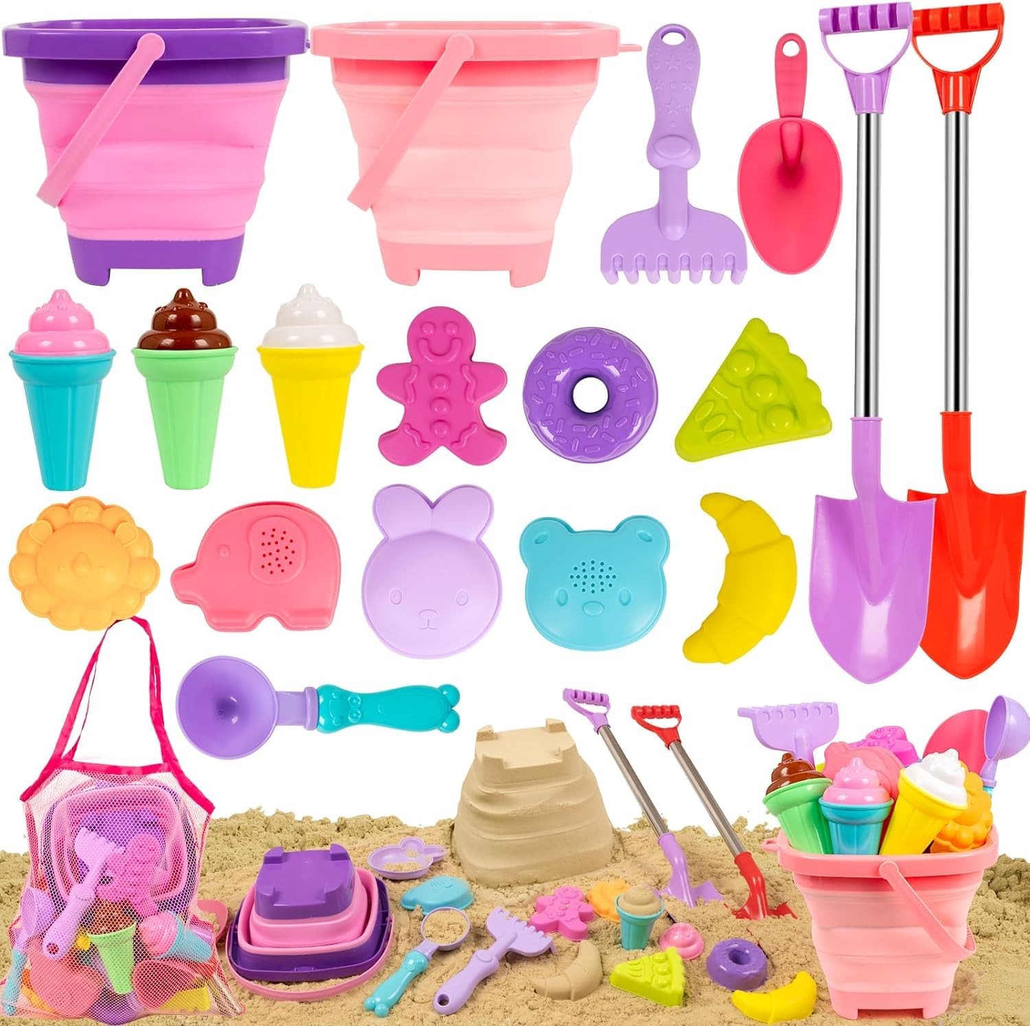 FUNWEGOT Beach Sand Toys Set Includes Collapsible Buckets 2 Large, Multicolor