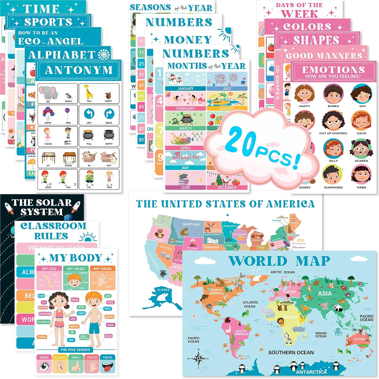 20 Laminated Educational Posters for Toddlers 1-3, Preschool Classroom Posters,