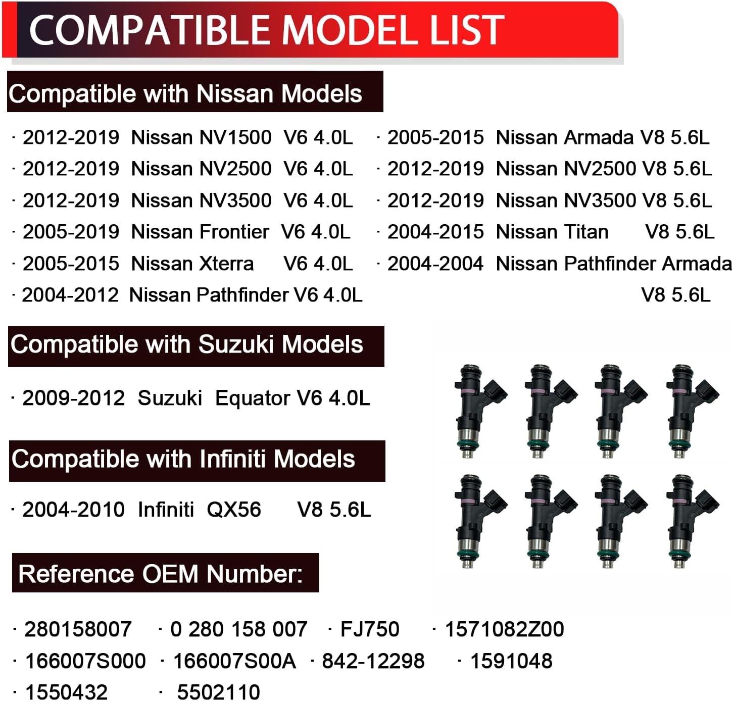 0280158007 Fuel Injectors Compatible with Nissan Titan Armada NV1500 NV2500