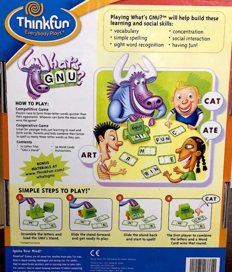 THINKFUN WHAT’S GNU? The 3-Letter Award Winning Learning Game Ages 5+ NWT