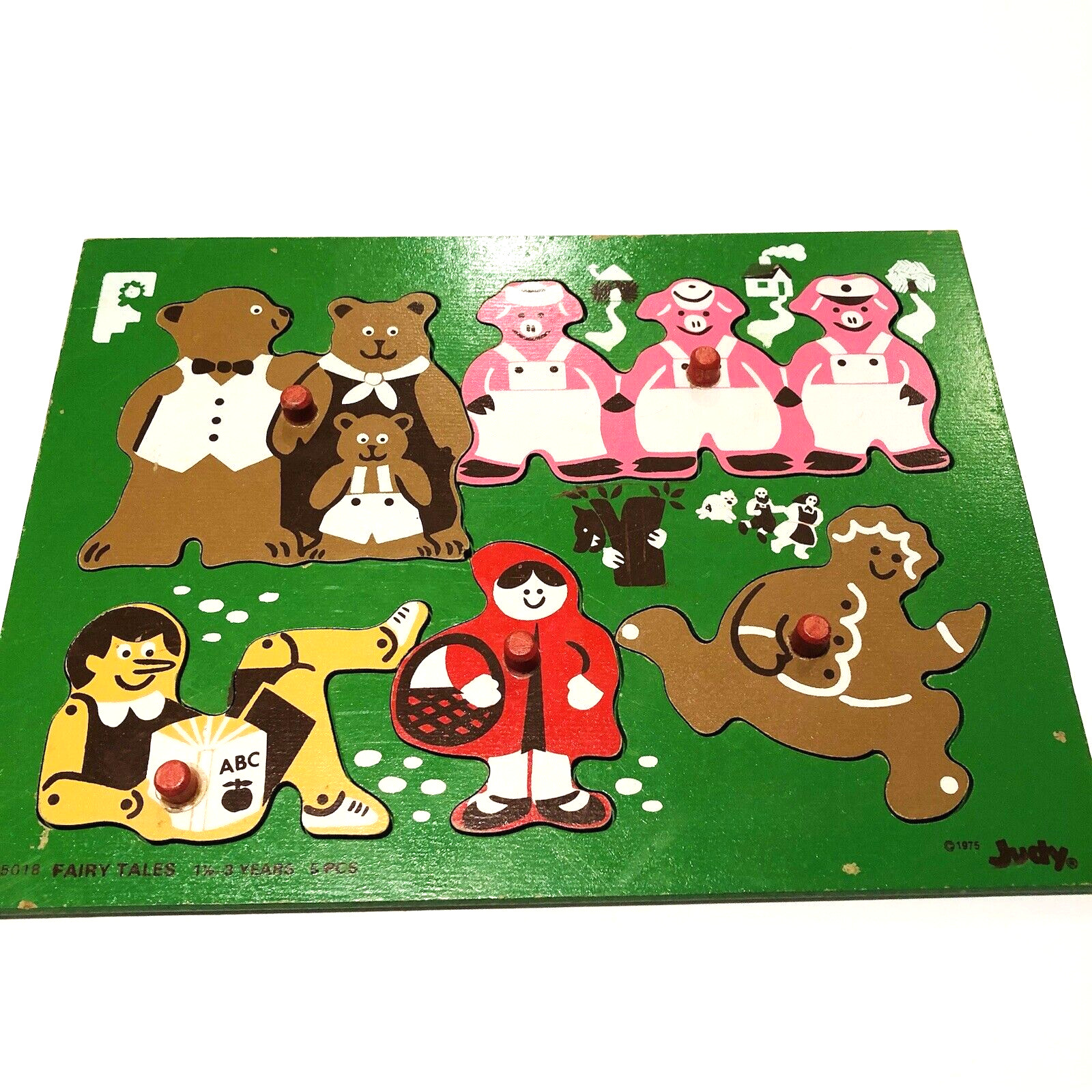Fairy Tales Wooden Peg Puzzle Judy 5 PC Vintage 1975 Three Little Pigs Pinocchio
