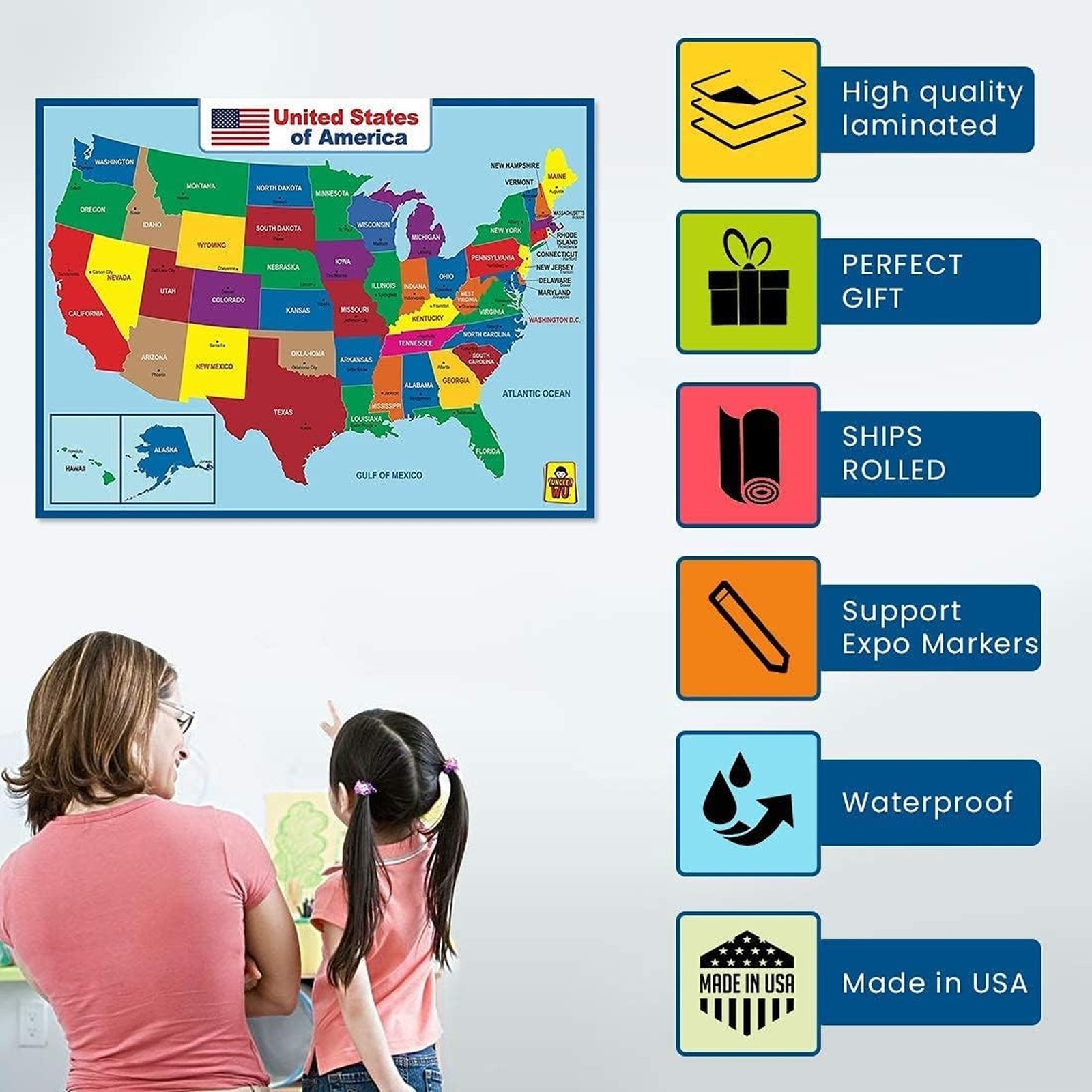 United States Map Educational Poster Dry Erase Laminated 17×23 Inch Waterproof
