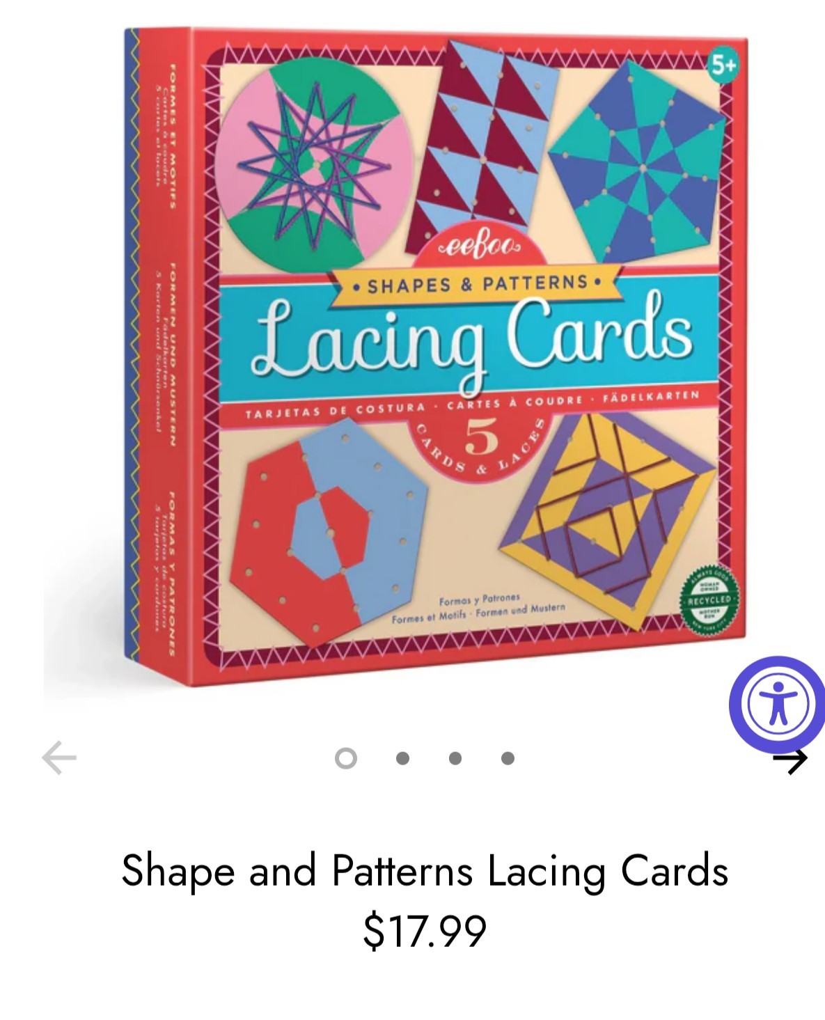 3 eeBoo Shapes & Patterns Lacing Cards Lace & Learn Geometric Designs Age 5+