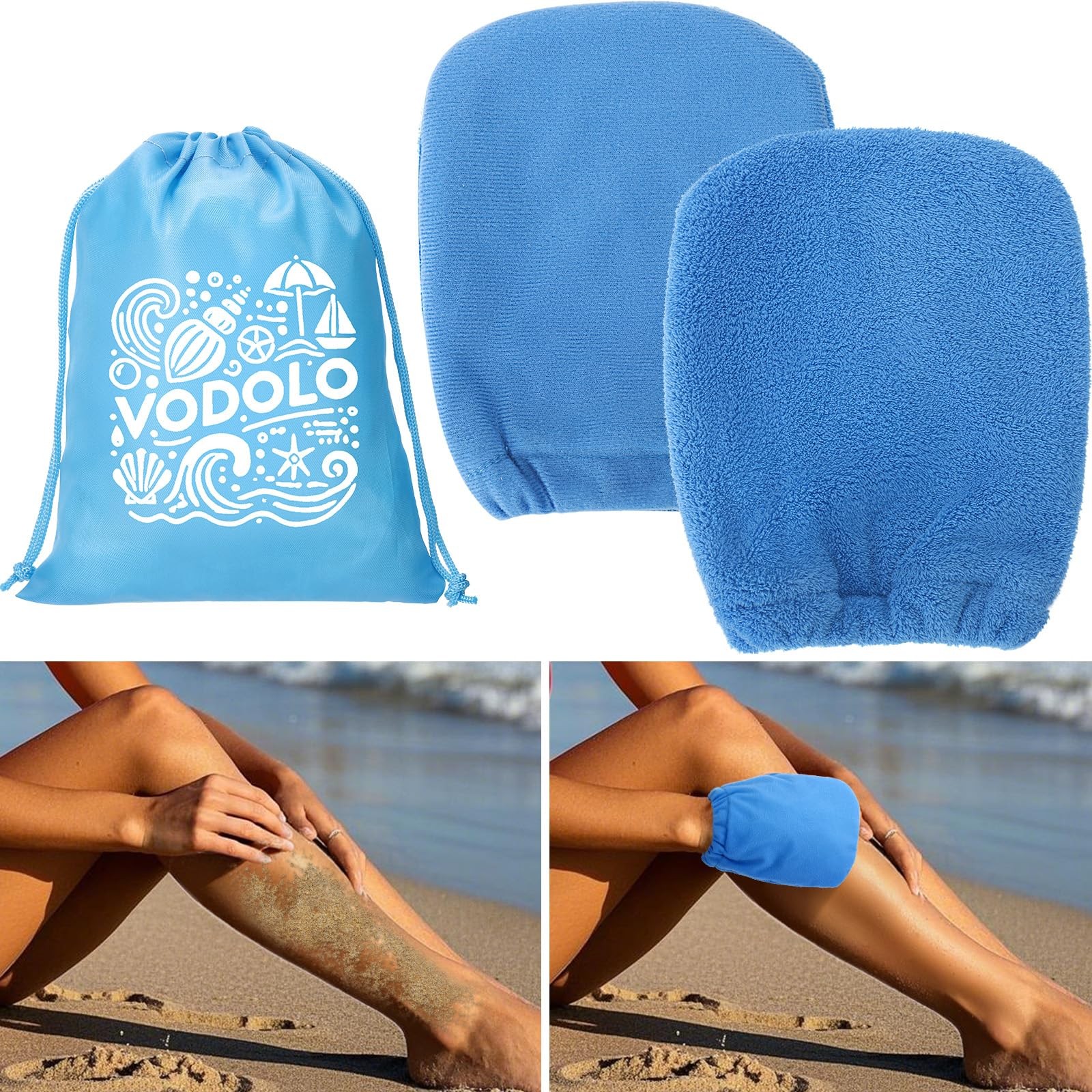 Vodolo 2 in 1 Sand Remover for Beach,2Pcs Wipe Off Mitts 2PCS, Blue