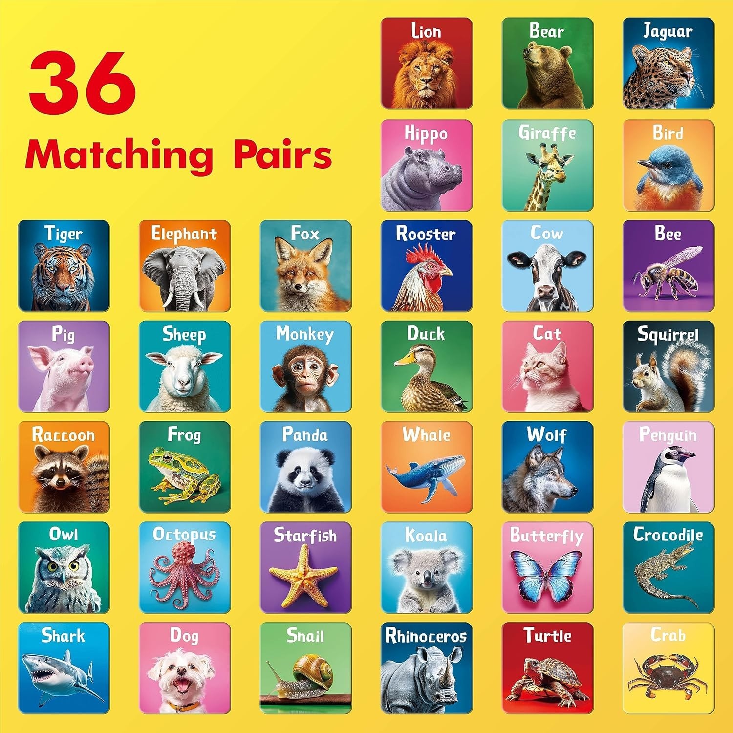 72 PCS Memory Matching Game, Real Animal Matching Cards for Toddlers 36 Pairs…