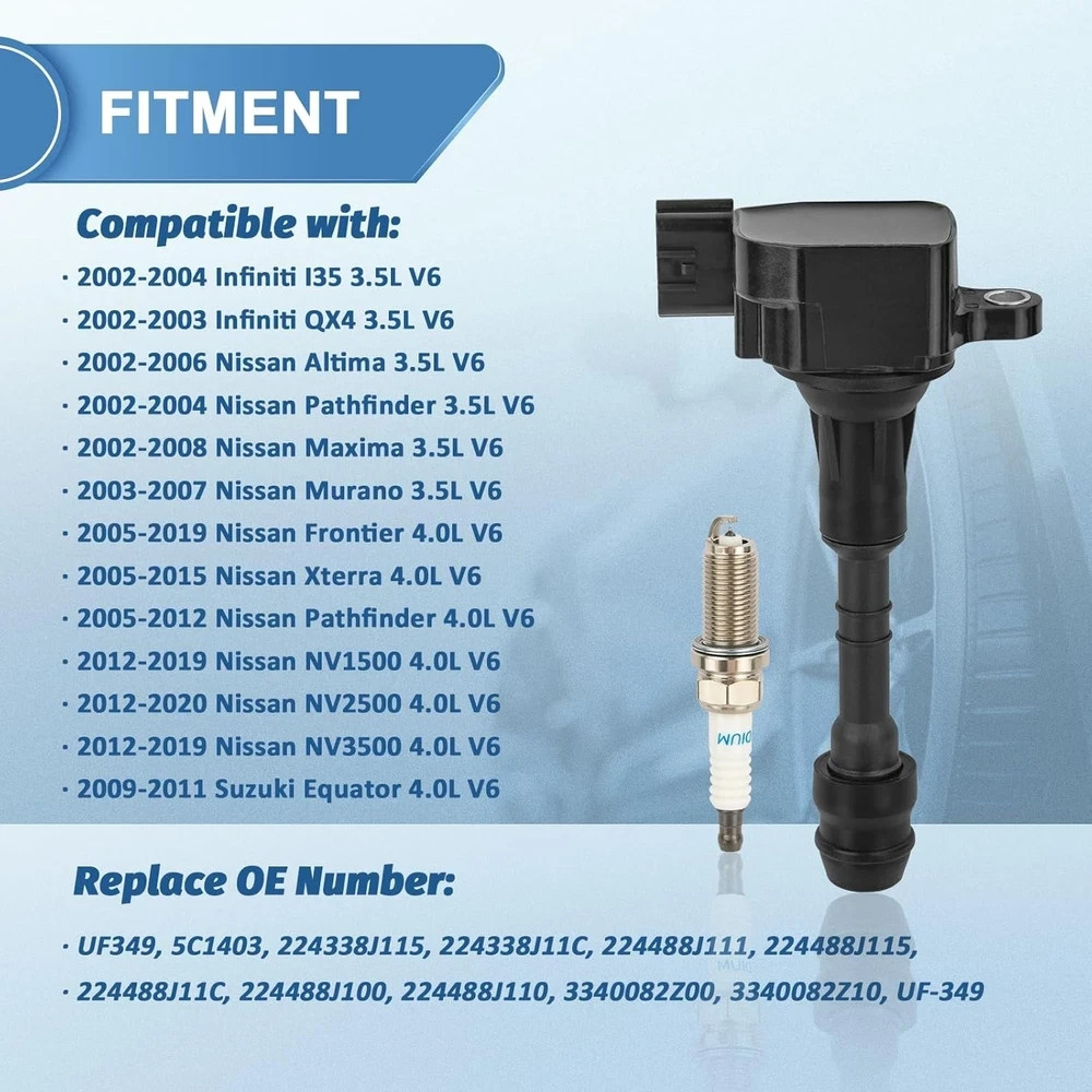 Set of 6 UF349 Ignition Coil Pack and Iridium Spark Plugs Compatible with Nissan