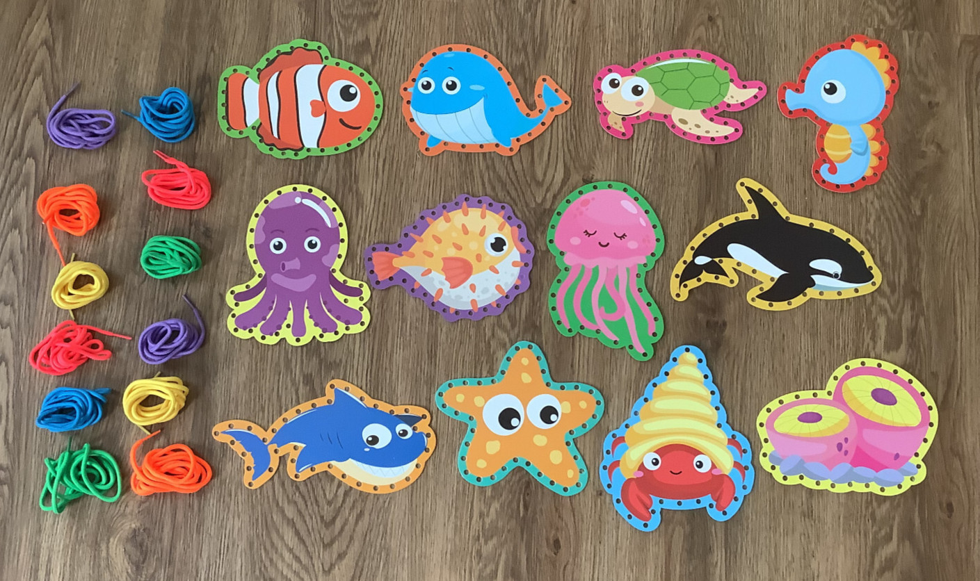 Set of 10 Double-Sided Lacing cards with 10 laces – Ocean Animals Theme NEW