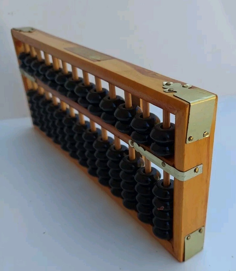 Vintage Abacus 13 Column Wood Calculator 7 Bead Rows 9½ X 4″ Metal Corners