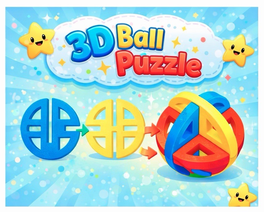 3D Printed Ball Puzzle Toy Red Blue Yellow Educational Kids Brain Game Ages 4-11