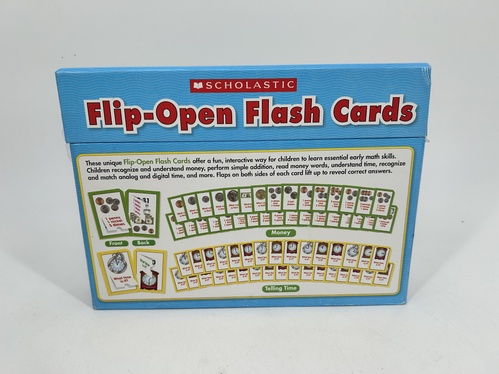 Scholastic Flip-Open Flash Cards Money and Telling Time 64 Sturdy Cards
