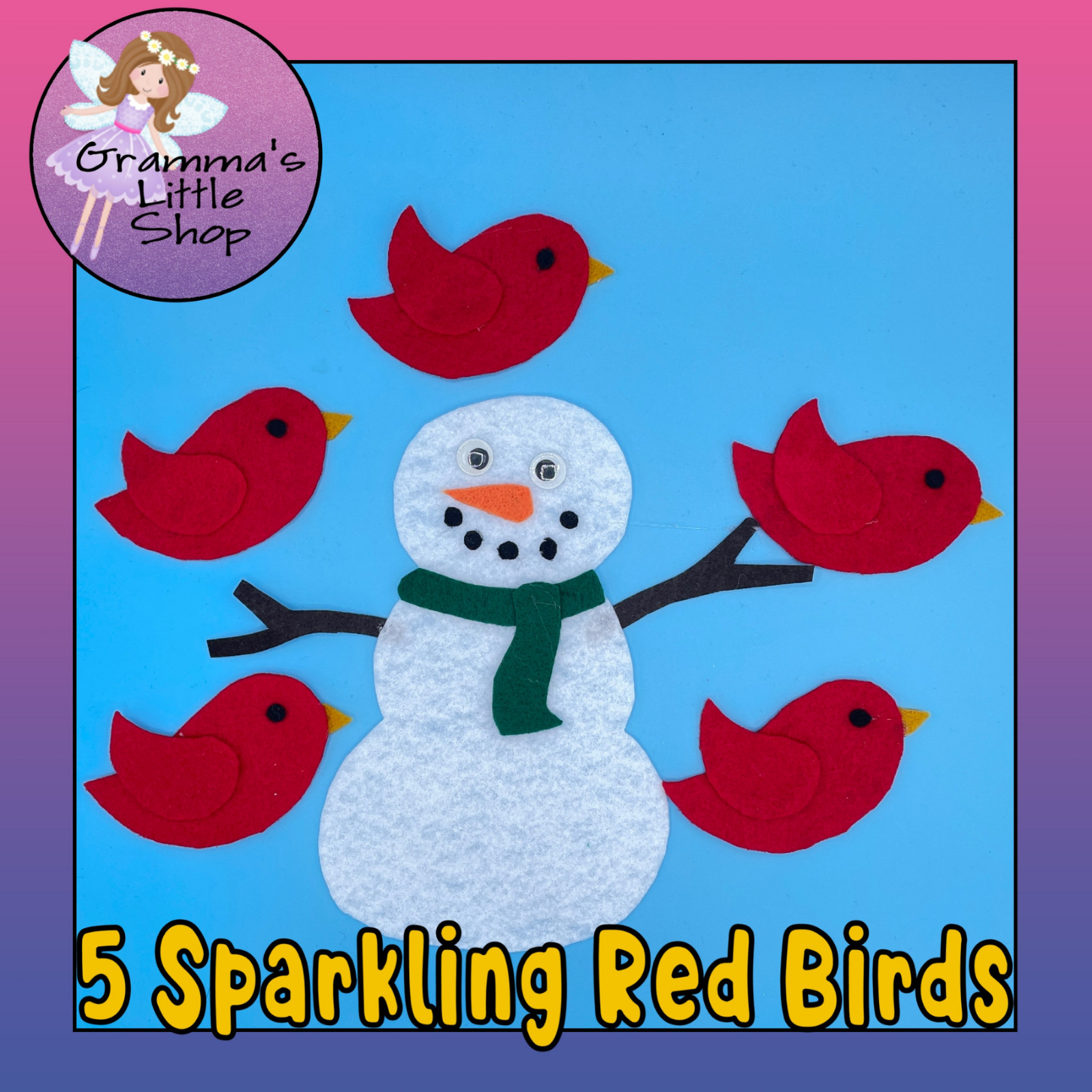 5 Sparkling Red Birds Felt Set – Celebrate Winter, Counting, and Rhyming Fun!