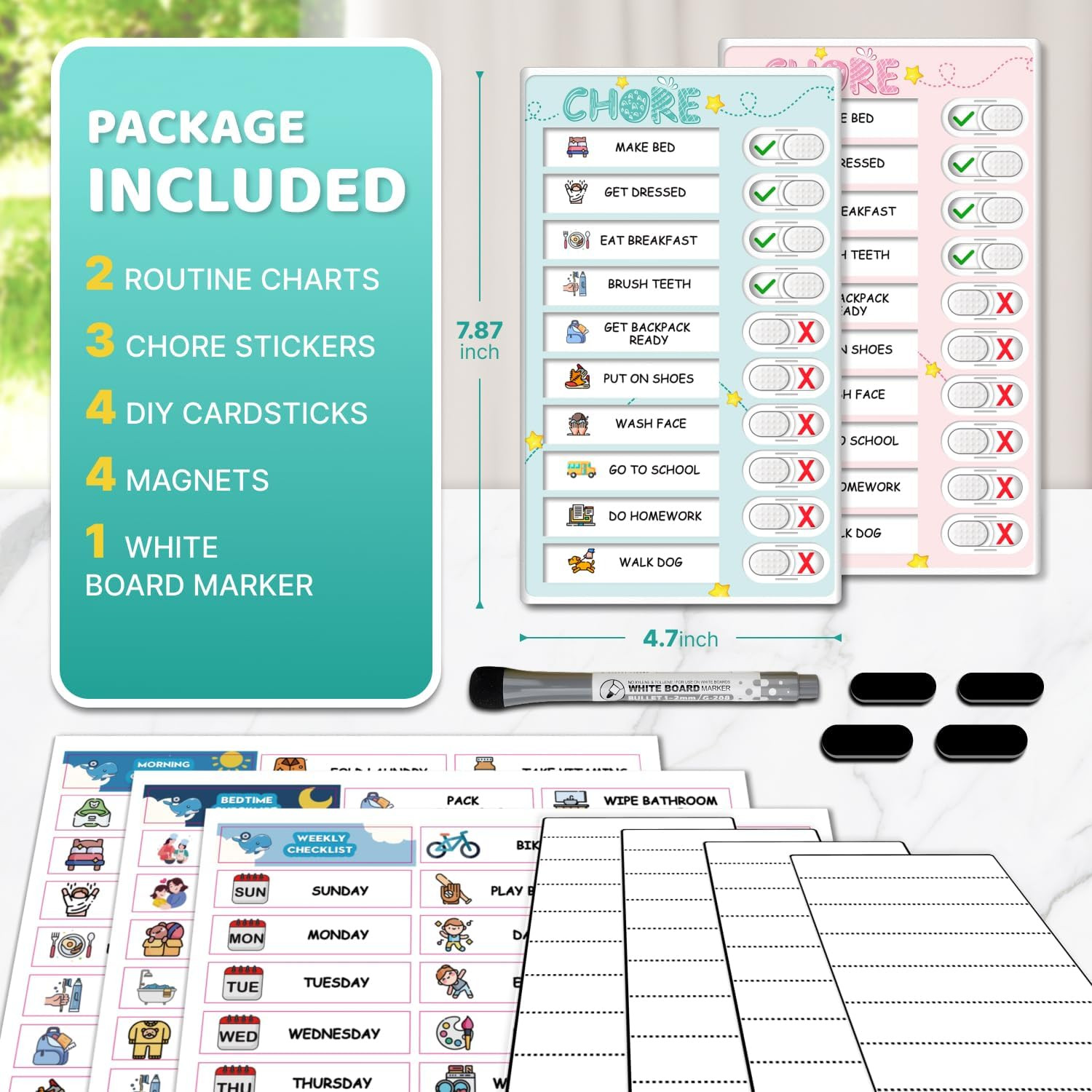 Dry Erase Kids Chore Chart for 2 Kids Pink and Blue – Magnetic Routine Chart wit