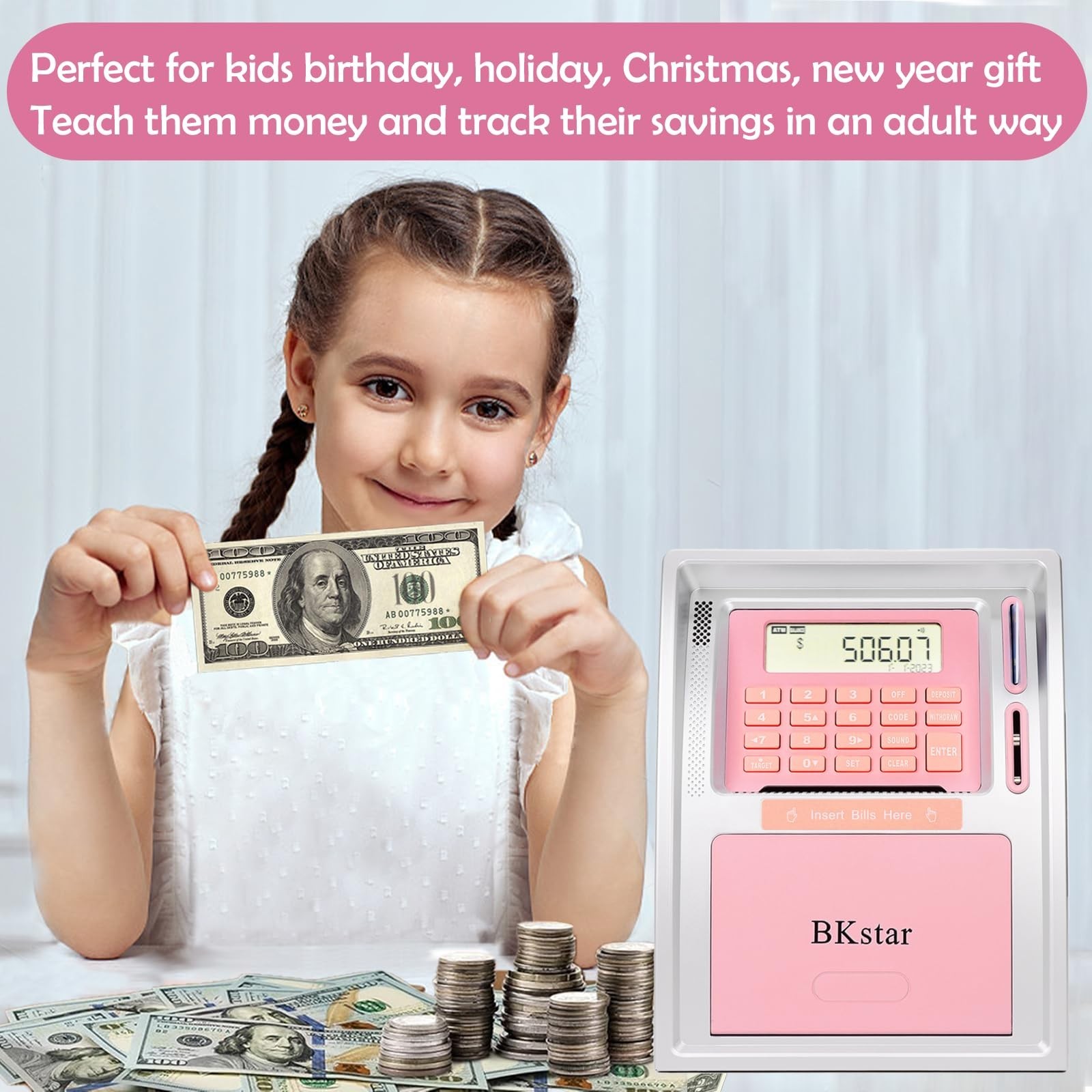 BKstar Kids Talking ATM Piggy Bank for Real Money with Dual Debit Cards, Powe…