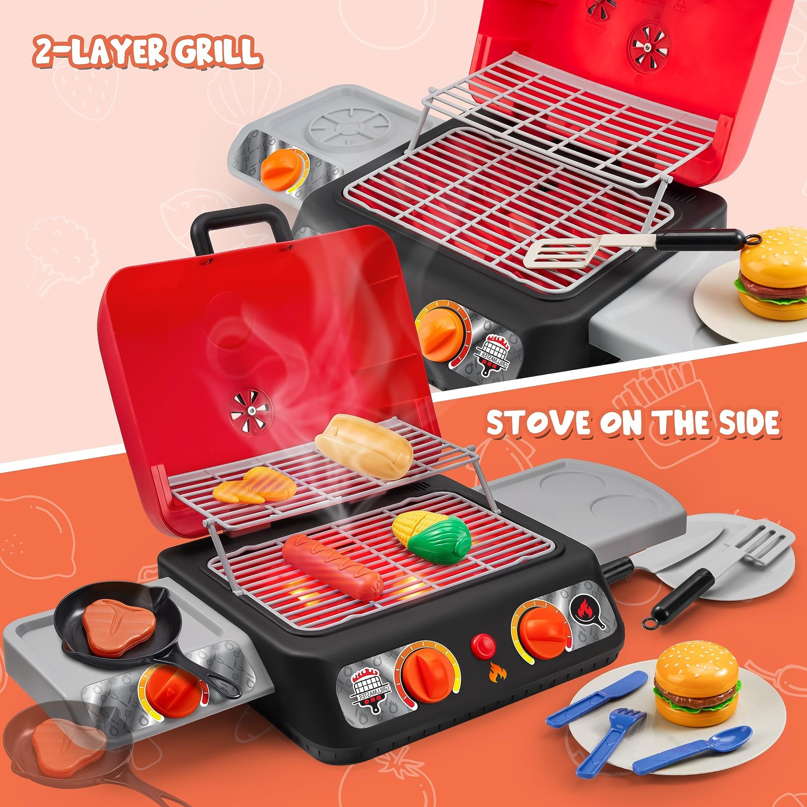 Kids BBQ Grill Playset, Kitchen Toy Set with Pretend Smoke, Light, Sound & Co…