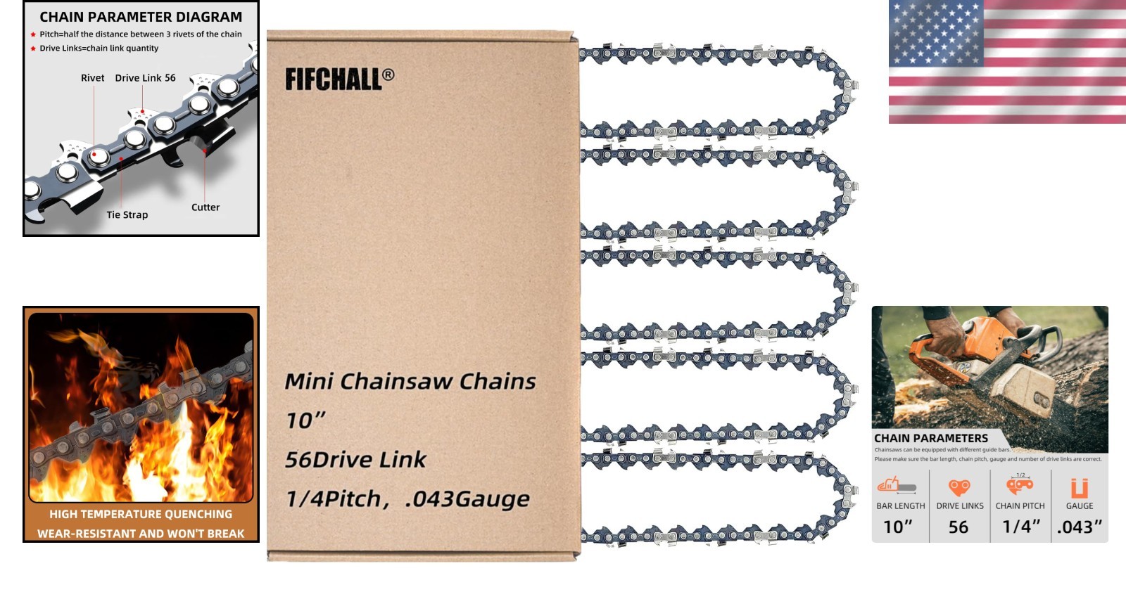 5 Pack 10 Inch Pole Saw Chain Fit Stihl 1/4″ Pitch .043″ Gauge 56 Drive Links 10