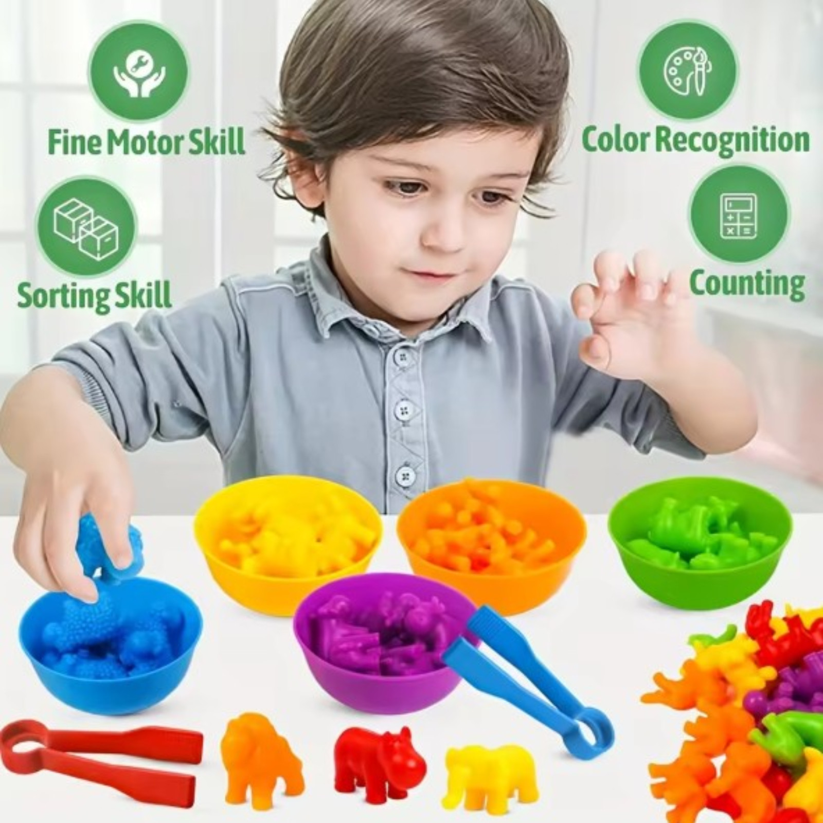 Counting Animal Matching Game Sorting Bowls Color Learning Toy Kids- African An