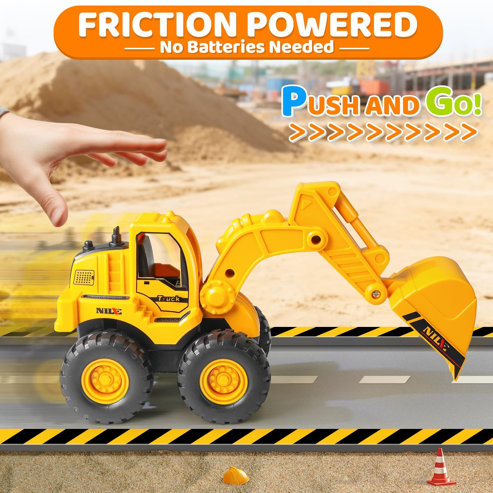 Beestech Construction Toys, Friction Powered Excavator Large, Yellow and Red