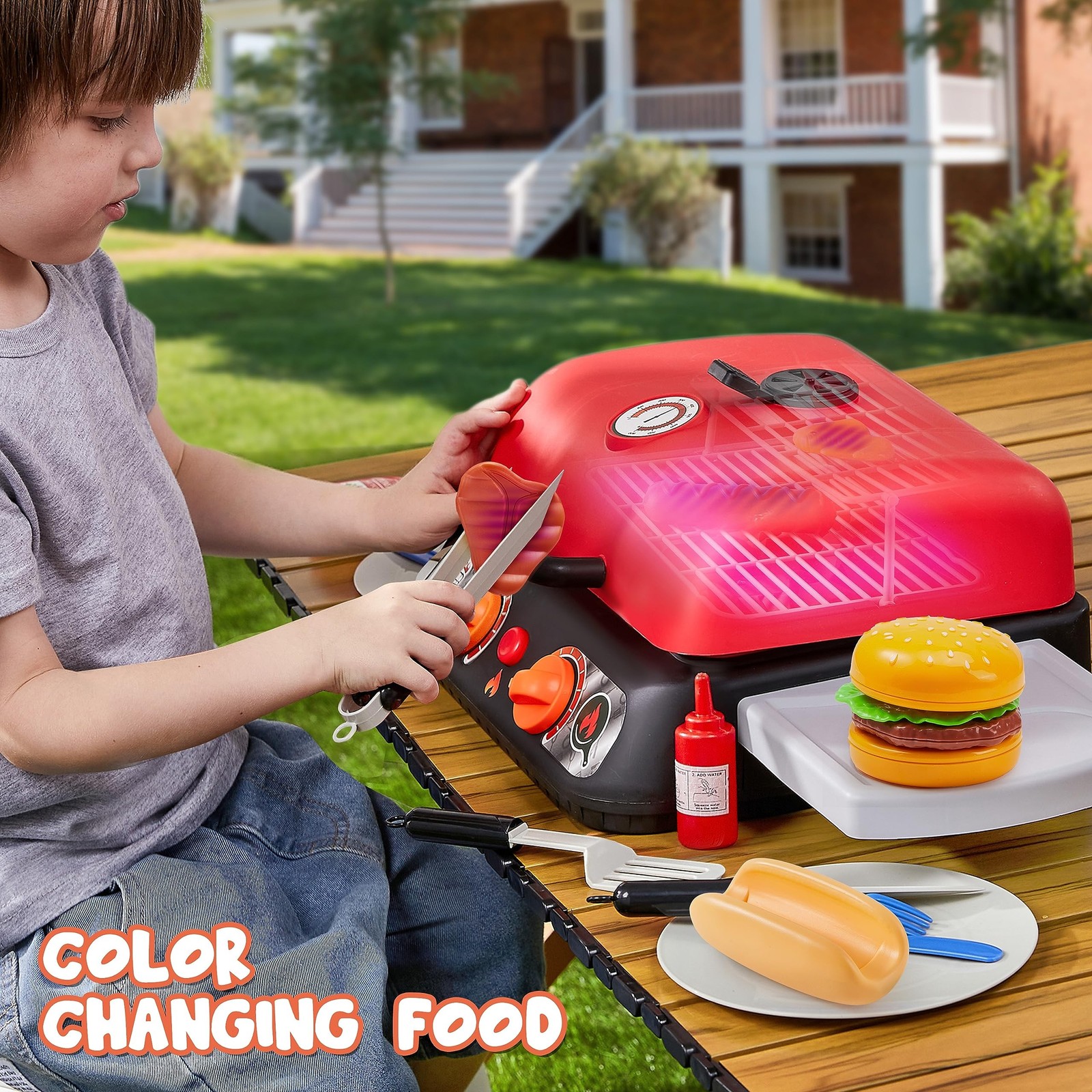 Kids BBQ Grill Playset, Kitchen Toy Set with Pretend Smoke, Light, Sound & Co…