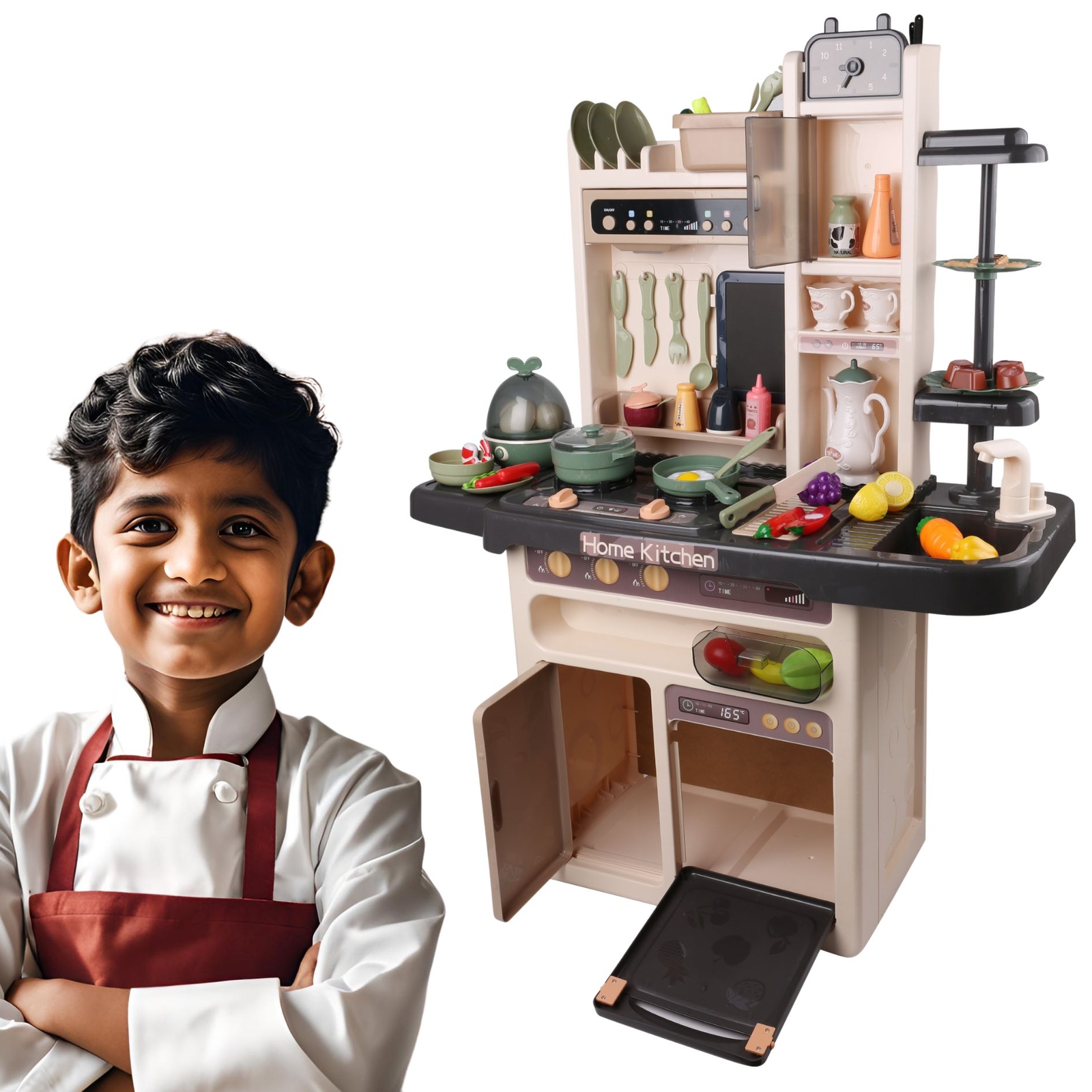 Kids Deluxe Kitchen Cooking Playset with Steam & Water Effects – 65 Accessories