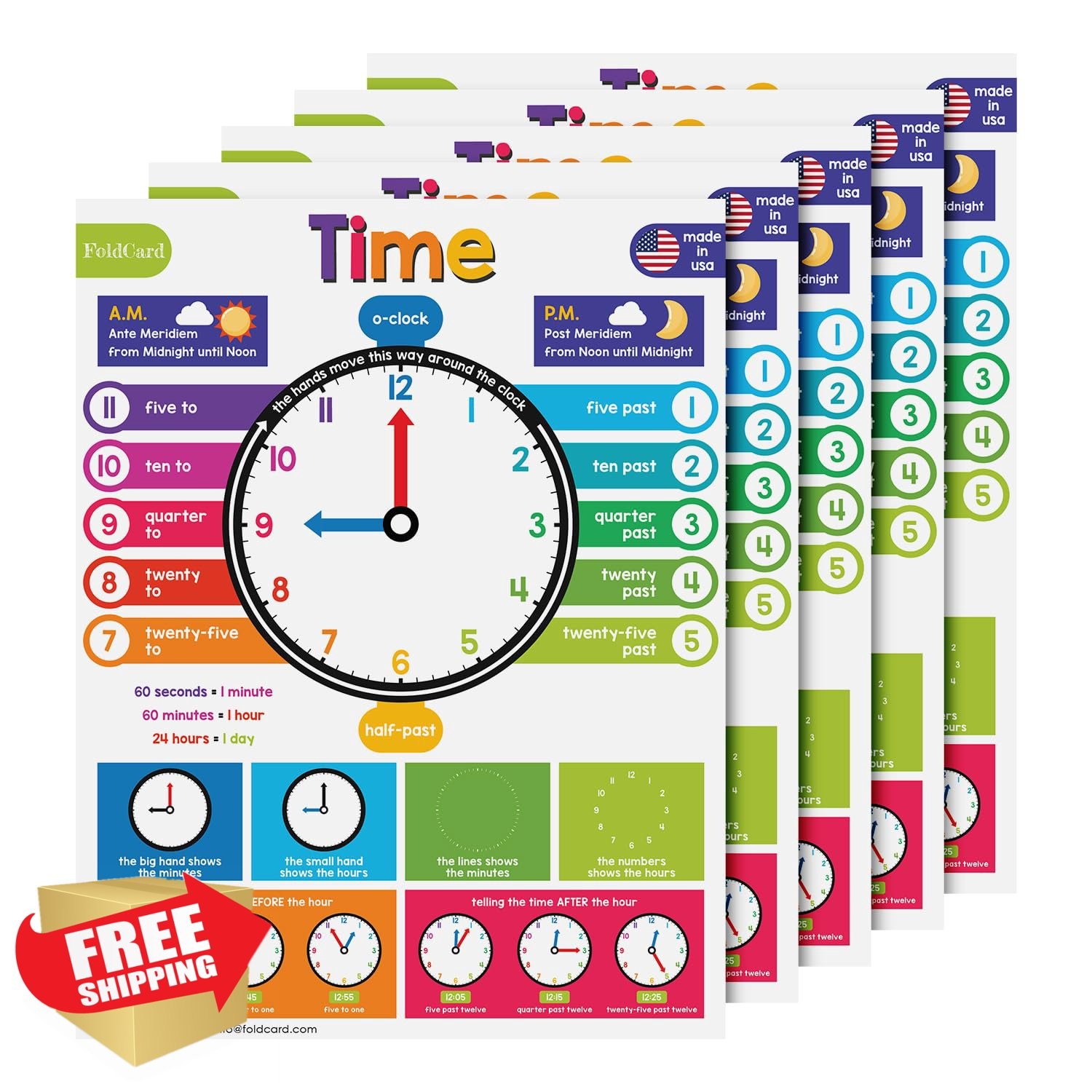 Preschool Time Chart Poster, Kids Learning to Tell Time, 8.5×11 Inch 5 Pack