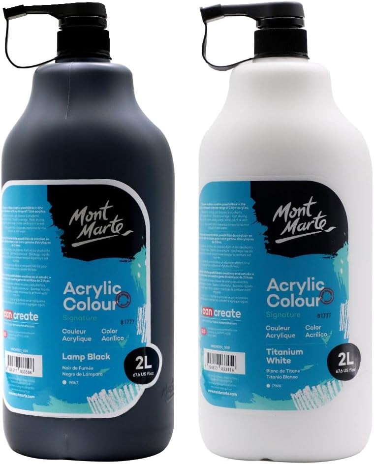 Acrylic Paint Set 2L Matte White & Black Fast-Dry with Pump for Art Projects