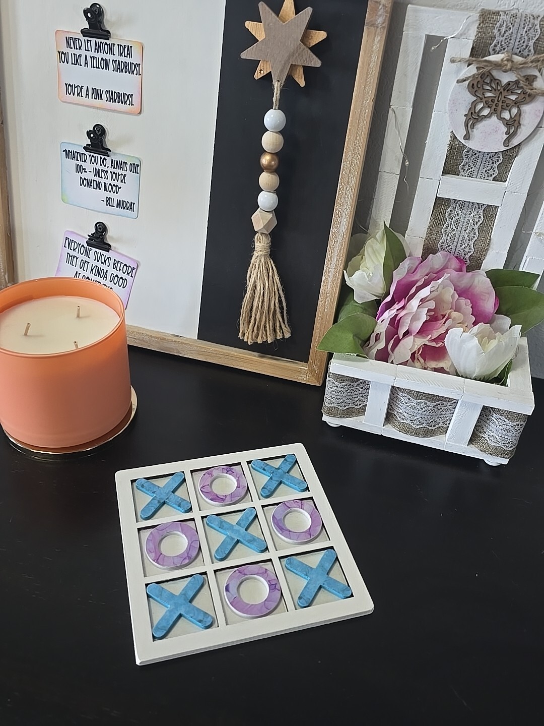 Tic Tac Toe XO Wooden Board Game for Table Decor Handmade Blue Purple White