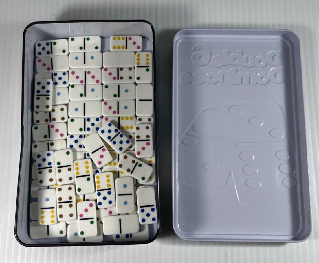 Double Six color Dot Dominoes Lot of 50 + with Collectible Tin Used