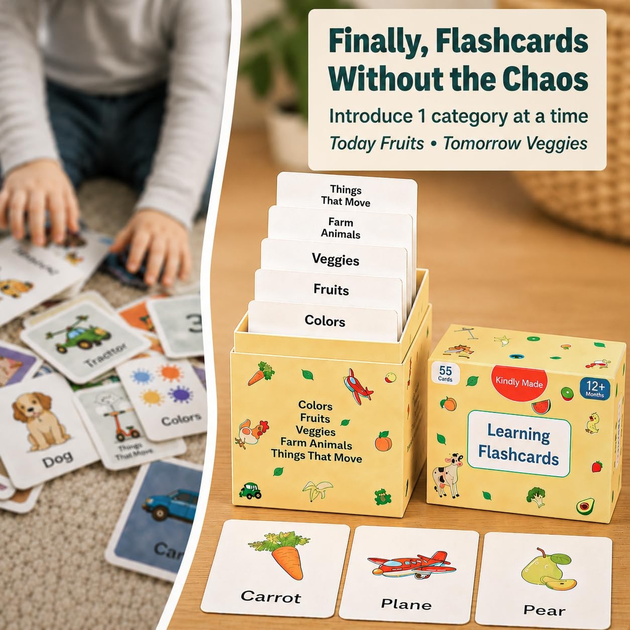 Flash Cards for Toddlers 1–3 – 55 Thick & Durable Learning Flashcards, First …