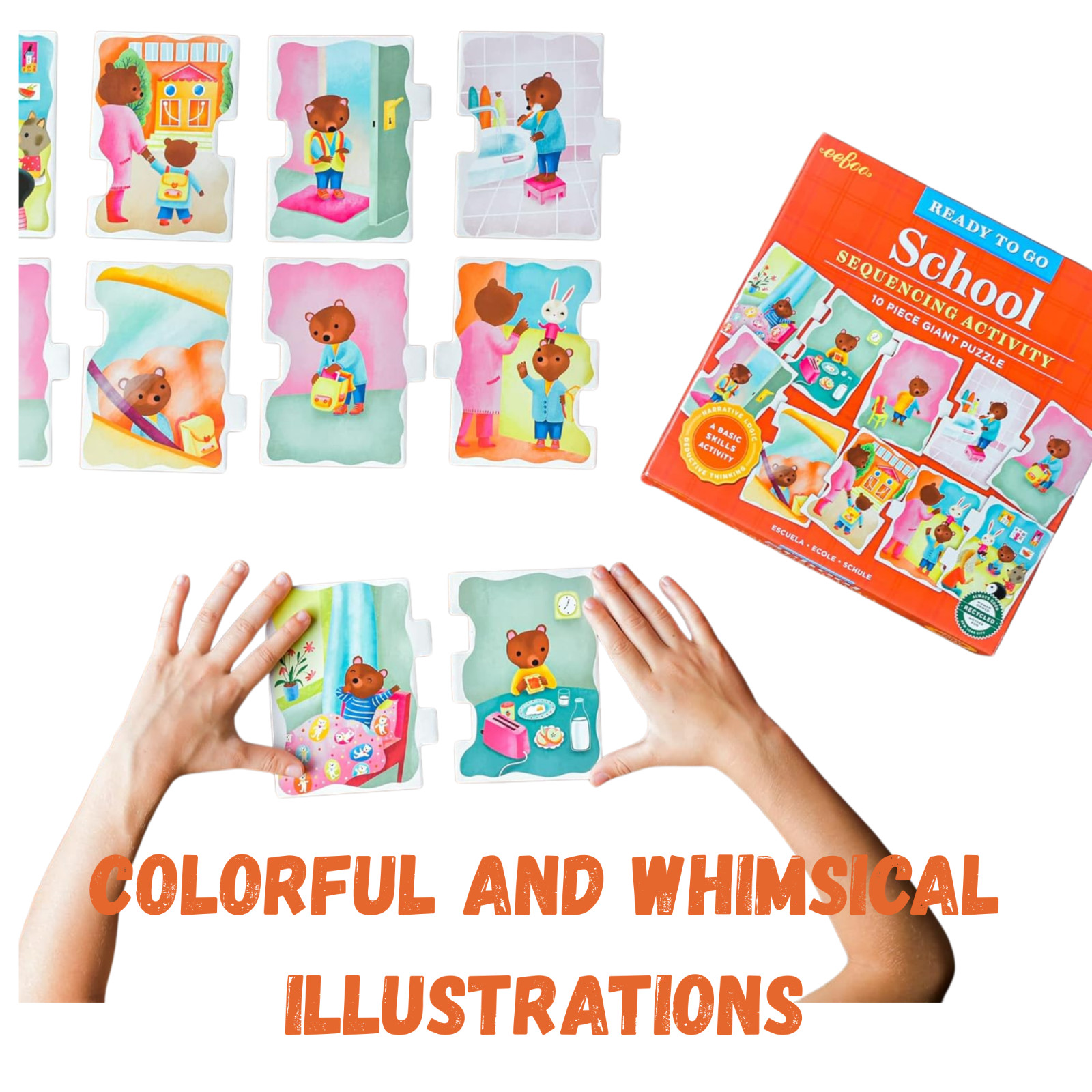 Eeboo Ready to Go School Sequencing Puzzle PreK Kindergrten 10 Giant Pieces New