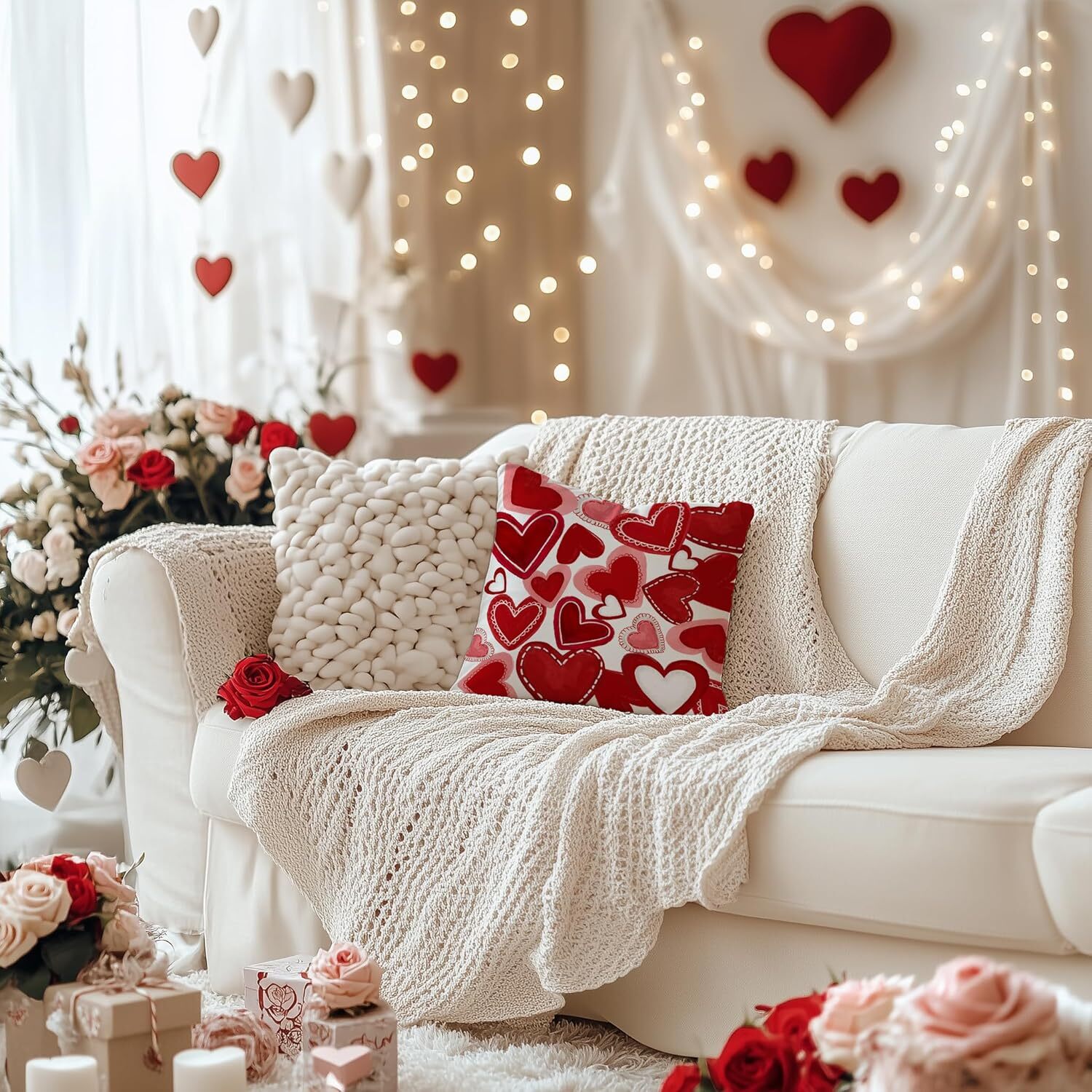 AACORS Valentines Pillow Covers 18×18 Inch Red Hearts Decorative Pillow Case