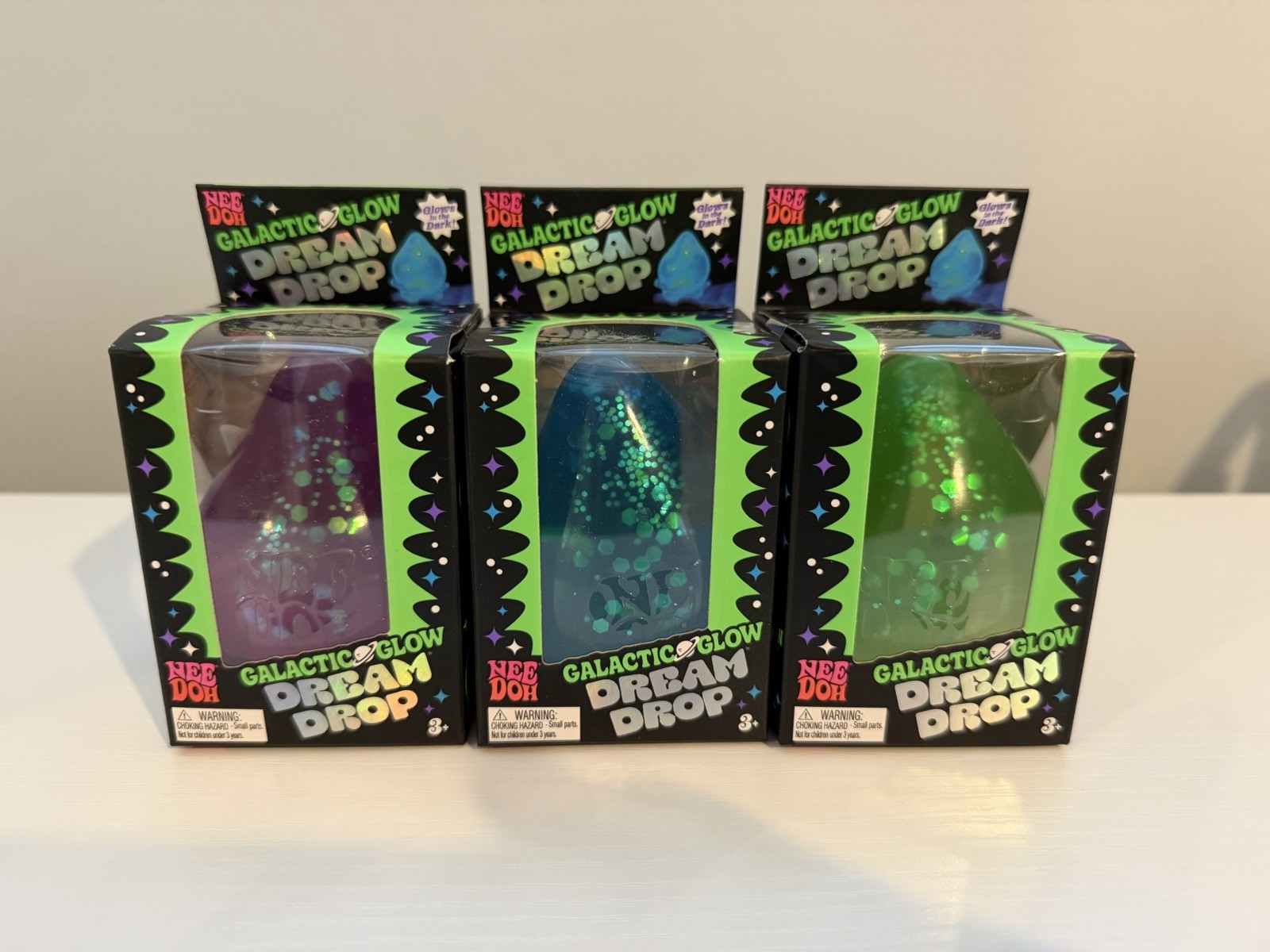 NeeDoh Galactic Glow Dream Drops. Complete set of 3.Green, Purple, Blue- RARE