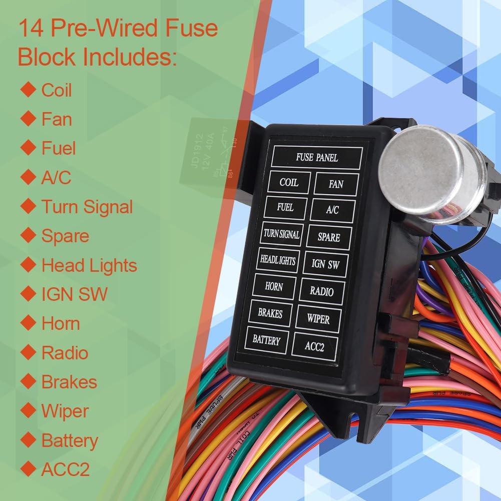 Cheriezing 14 Circuit Wiring Harness Extra Long Wires 14 Fuse 12V 14