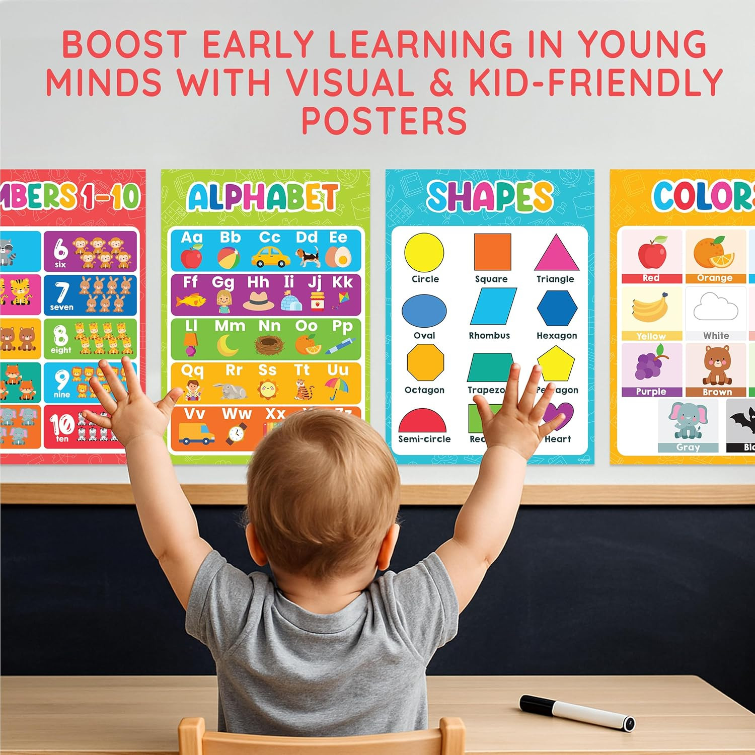 4 Vibrant Extra Large Educational Posters for Toddlers 1-3, 17X24In Pet-Laminate
