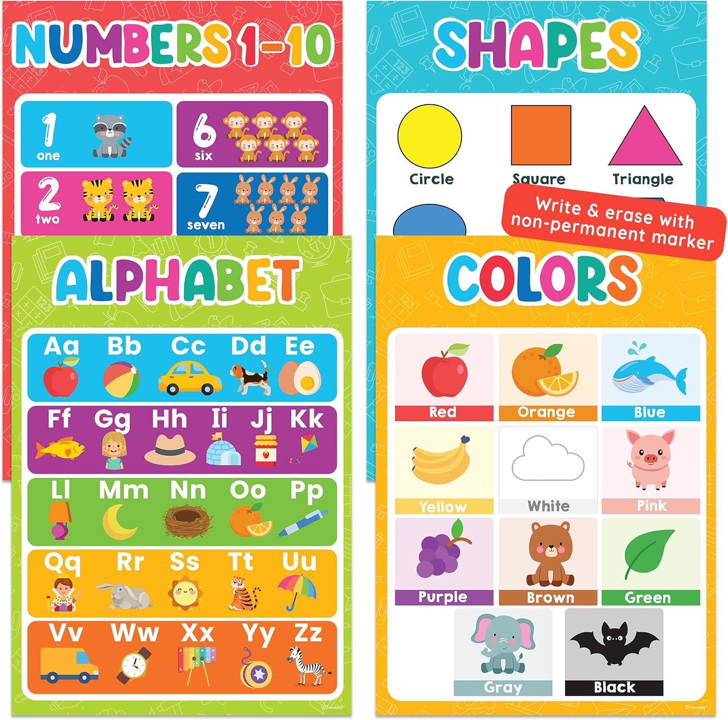 4 Vibrant Extra Large Educational Posters for Toddlers 1-3, 17X24In Pet-Laminate