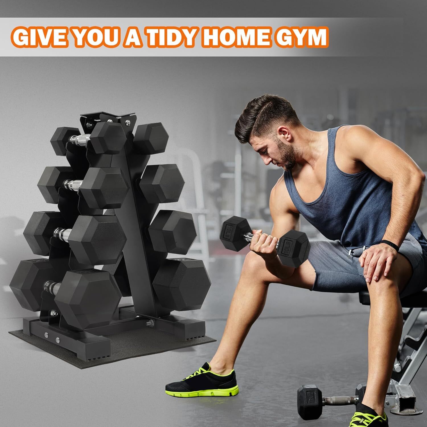 Rubber Coated Hex Dumbbell Weight Set and Storage Rack, 100LB Set or 150LB Set,