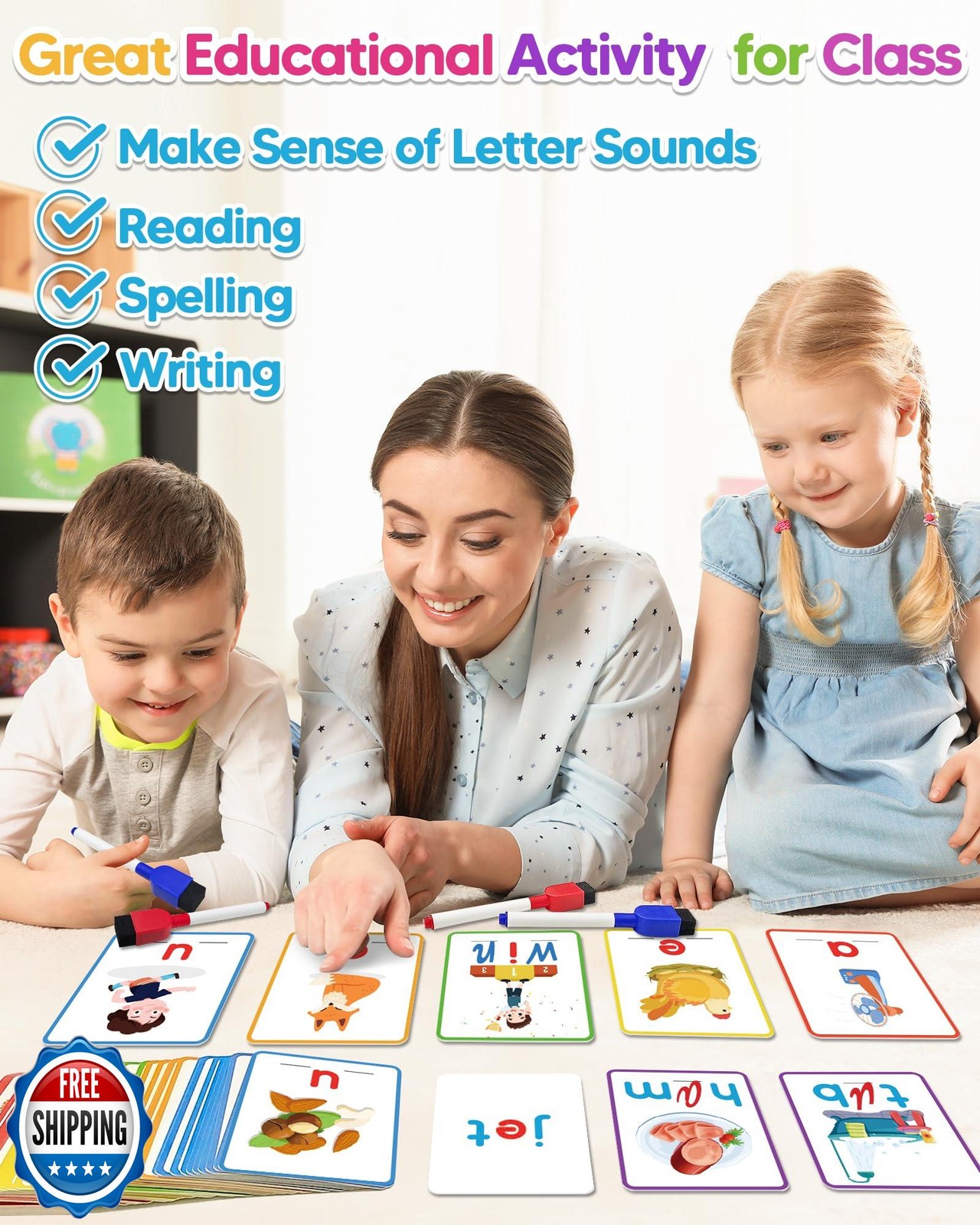 Gojmzo CVC Word Writing and Spelling Flash Cards, Preschool Learn