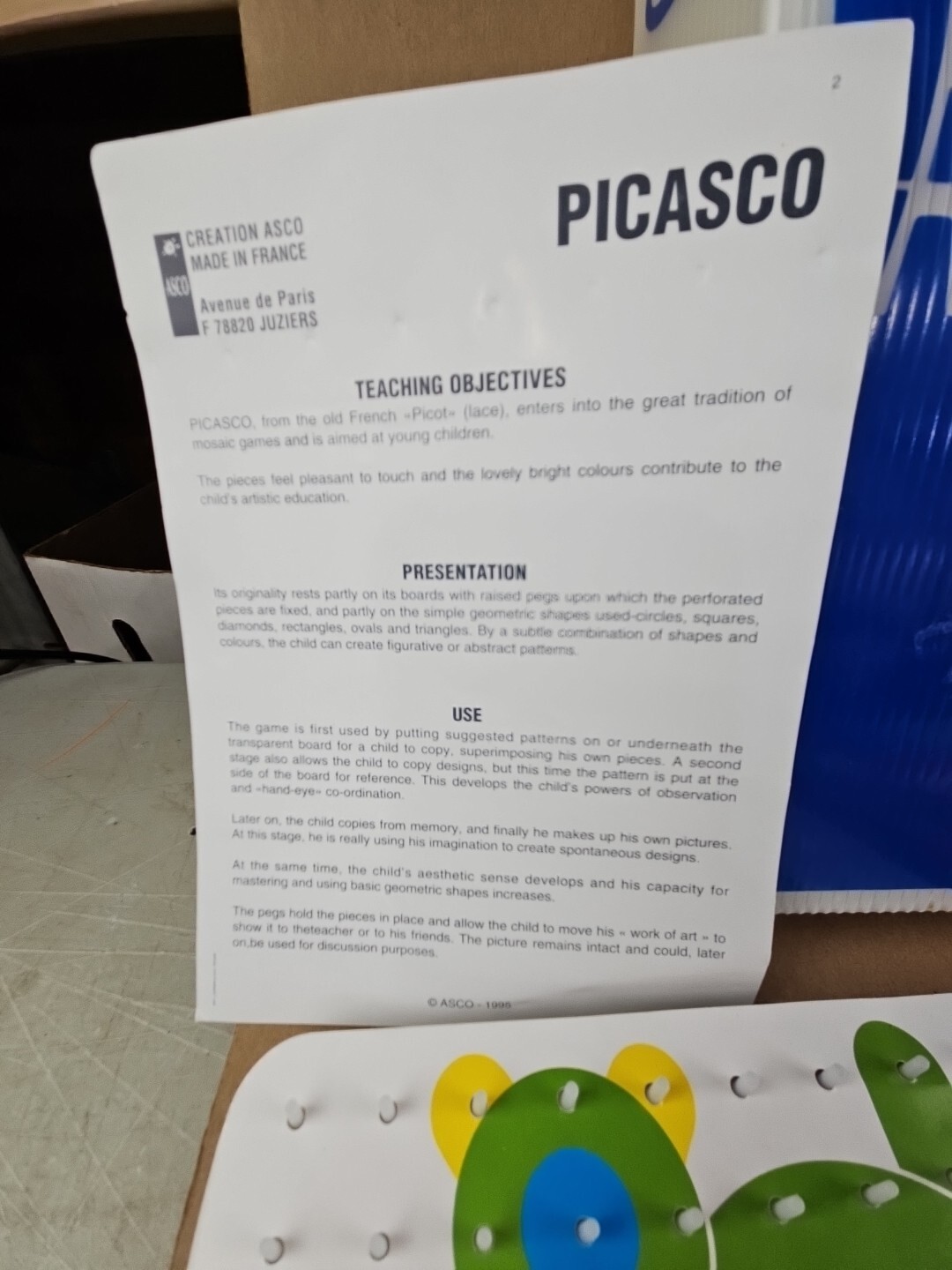 1995 Asco Picasco 4 Educational Game Puzzle Peg Board Toy France Learning Game