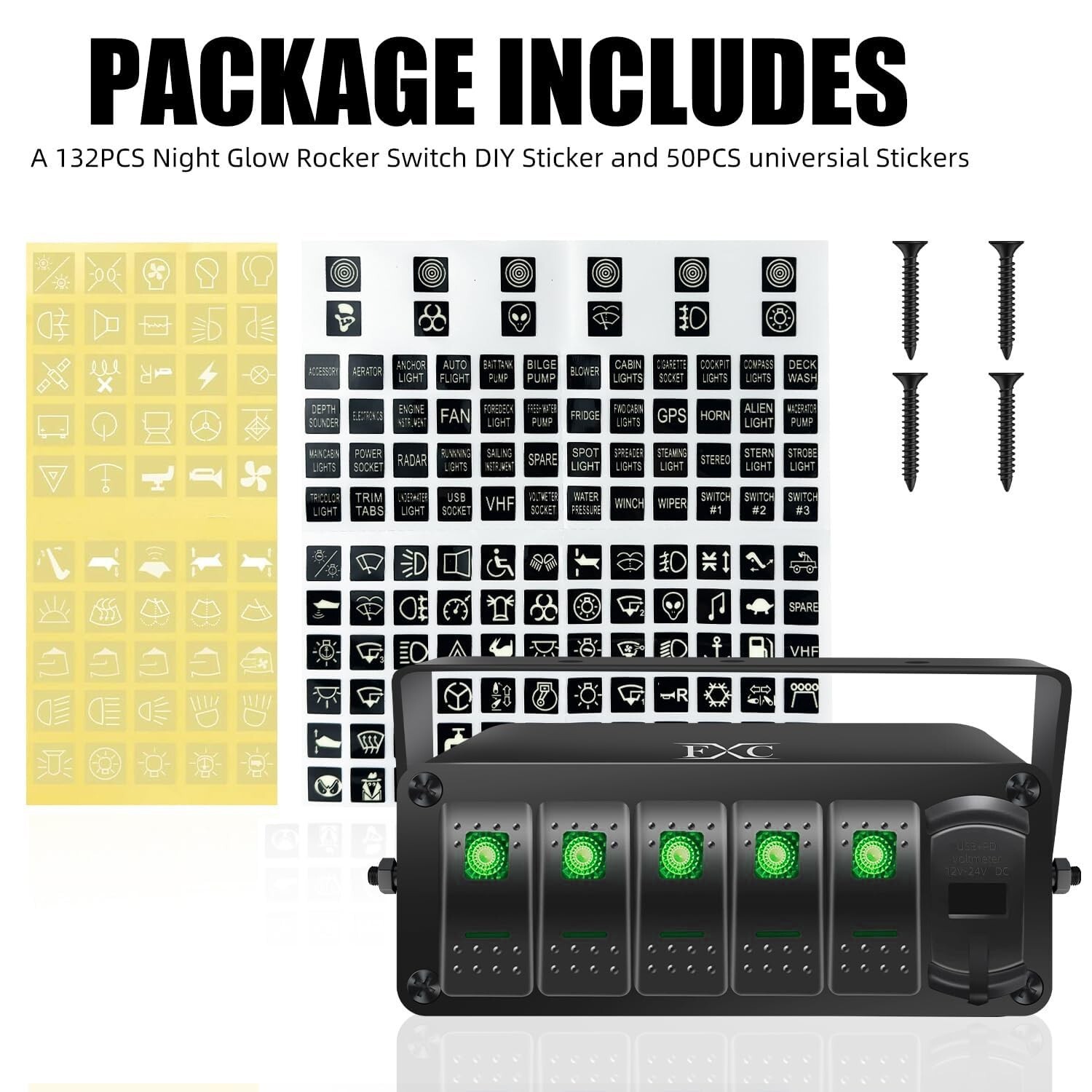 FXC 5 Gang Aluminum Rocker Switch Panel Green Backlit with PD Type C and QC 3…