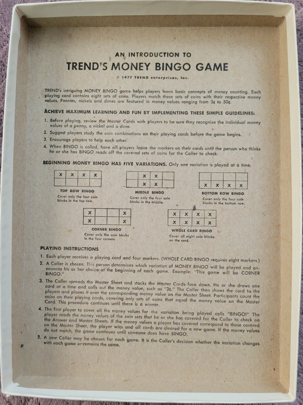 Vintage Trend Pennies, Nickels, & Dimes Money Bingo W/ Laminated Cards 1977