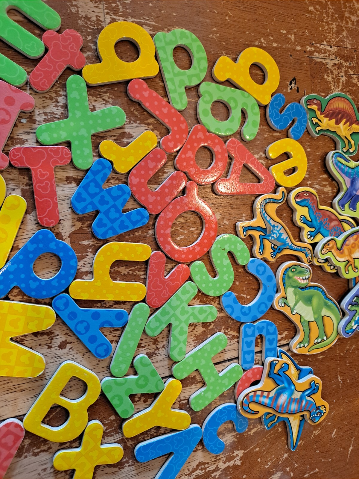 Lot of 45 Wood Alphabet Magnetic Letters and 12 Dinosaurs