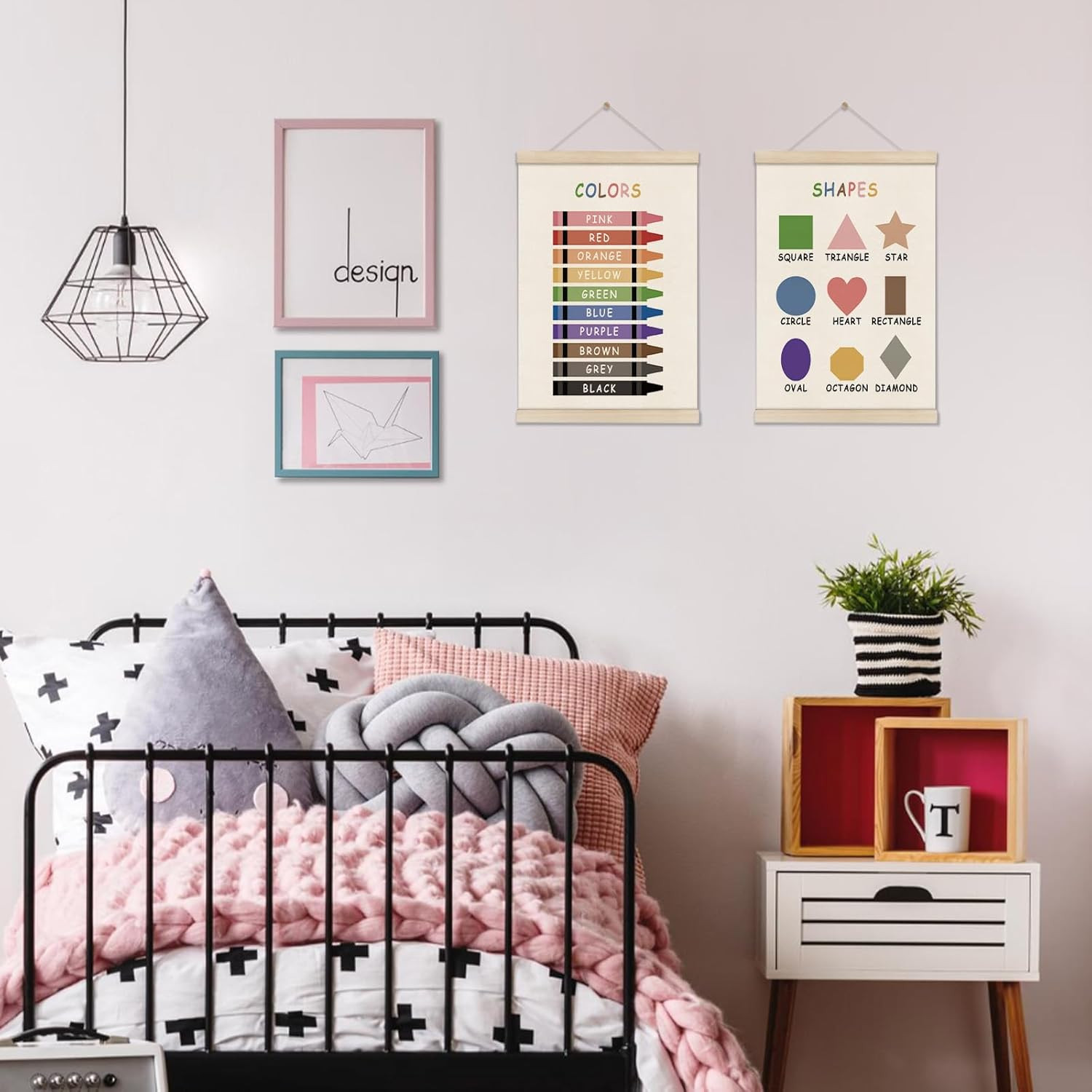 Colors Shapes Posters Hanger Frame, Educational Posters for Toddler Kids, Set of