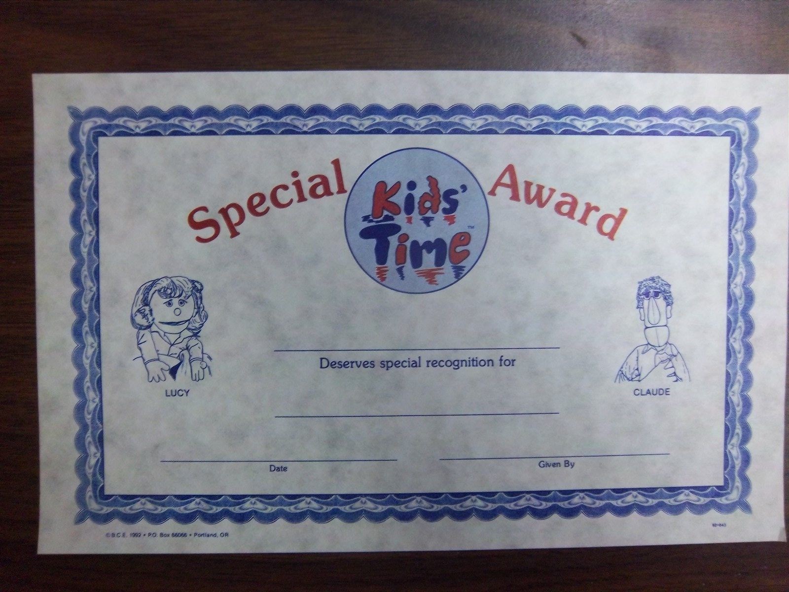 Mini Certificates, “Special Kids’ Time Award” — 5 packs of 25 all alike