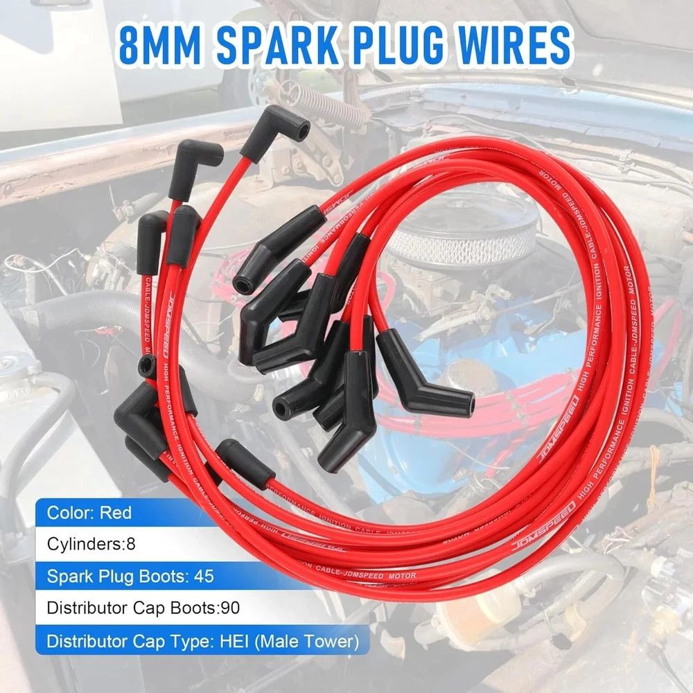 JDMSPEED New HEI Red Spiral Core Spark Plug Wires 45 Degree End 396-427-454-502