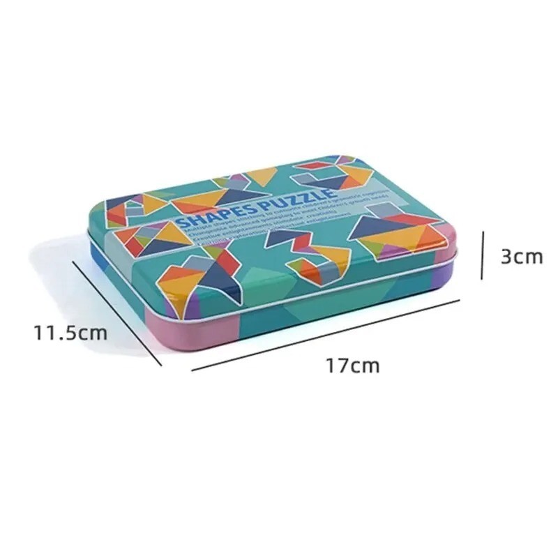 Children’s Wooden Colorful Tangram Iron Box Storage Jigsaw Puzzle Puzzle Early